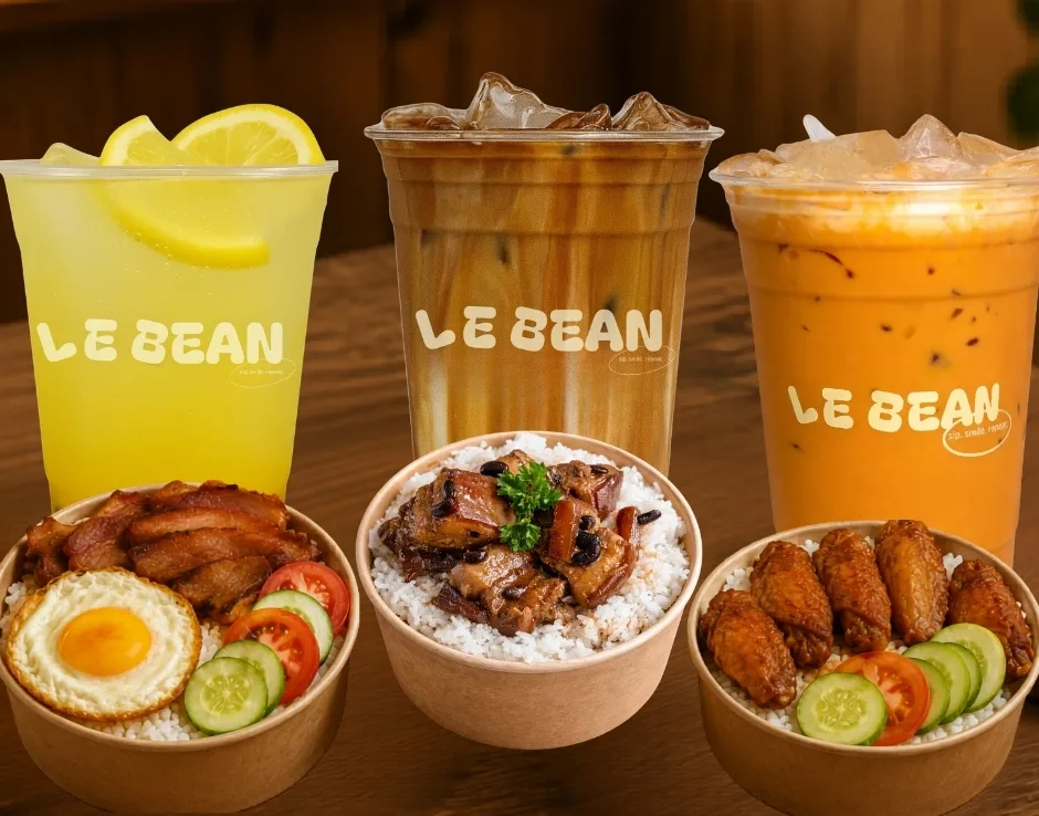 Le Bean drinks with bacon, humba, and chicken rice bowls